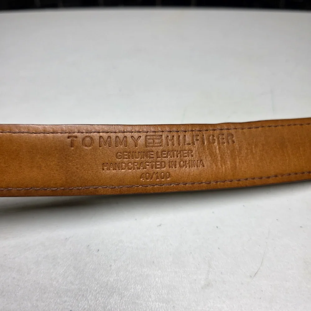 Tommy Hilfiger Mens Tan Leather Canvas Ribbon Belt Size 40 Preppy Classic Khaki